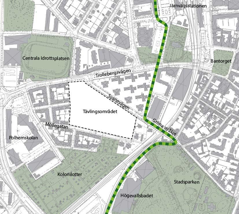 Serviceförvaltningen 12(49) Tävlingsområdet med omgivning Området angränsar primärt till bostadsbebyggelse från många olika tidsperioder med varierande skala (mestadels småskalig) och struktur.