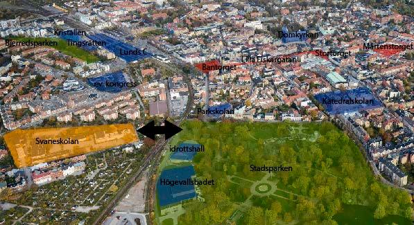 Serviceförvaltningen 23(49) Flygfoto med planområdet markerat i orange, viktiga destinationer i blått, Lunds centrala stråk i rött och parker i grönt.