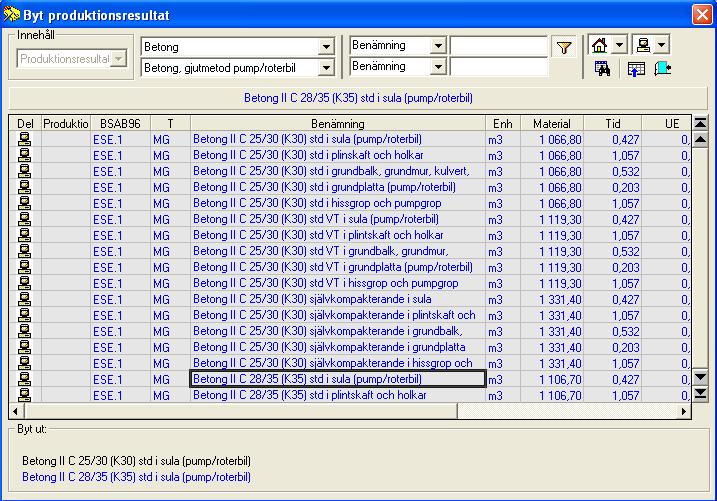 Programmet öppnar dialogen Byt produktionsresultat och visar en lista på samtliga produktionsresultat, grupperade på samma sätt som det produktionsresultat som skall bytas ut. 3.