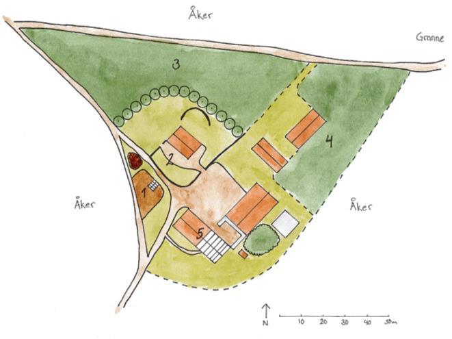 Innanför en hög avenbokshäck finns trädgårdsrummet Blomsterträdgården, nr 2 i figur 2, vilken tillhör det privata bostadshuset.
