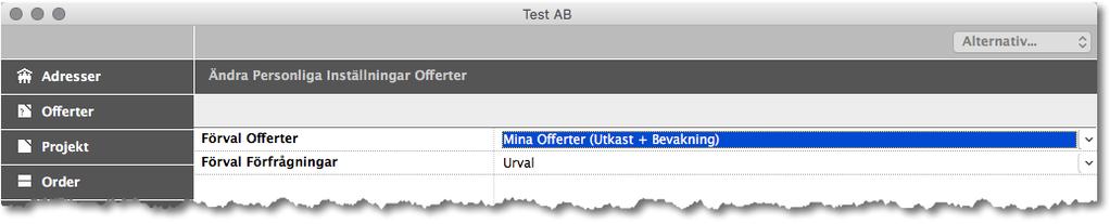 ADJOB 5.0 15 Personliga inställningar Inställningar > Offerter > Personliga Här kan du göra en egen inställning vad som ska listas som förval när du väljer Offerter.