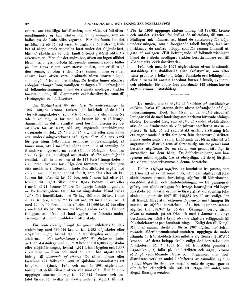 32 FOLKSKOLORNA 1907: EKONOMISKA FÖRHÅLLANDEN erinras om åtskilliga förhållanden, som vålla, att full överensstämmelse ej kan väntas mellan de summor, som erhållas på de bada olika vägarna.