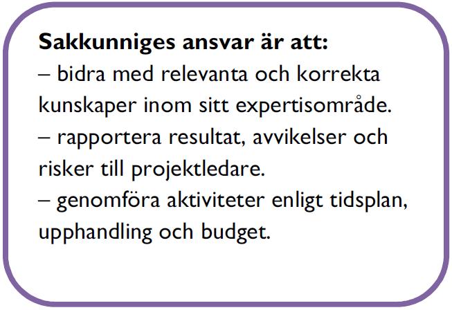 12 måste anställa. Det kan handla om en konsult, akademiker eller annan offentlig tjänsteman som anlitas eller köps in vid behov. En sakkunnig kan också ingå i referensgrupp.
