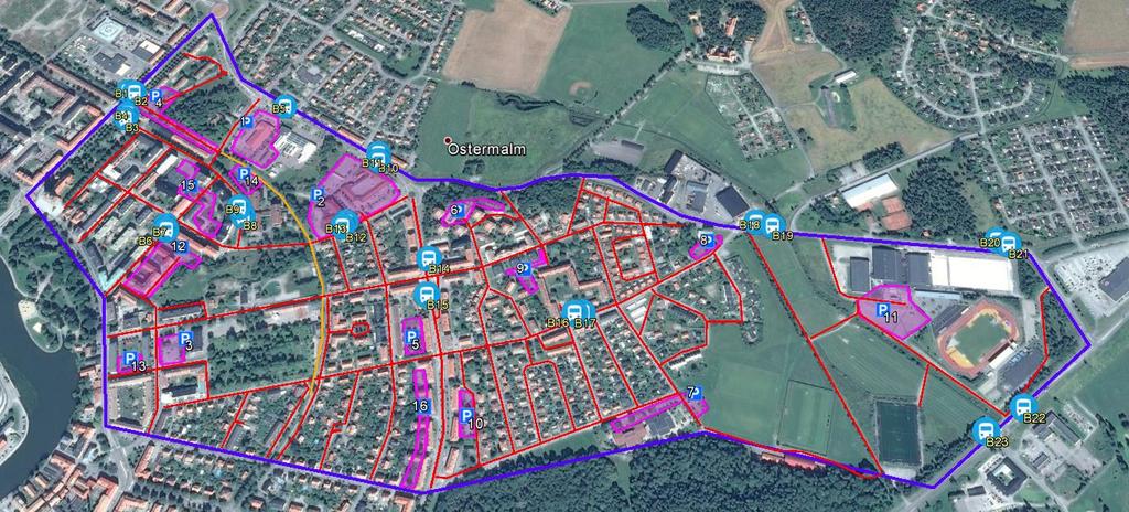 Figur 24, Busshållplatser, vägar och parkeringsplatser Genom att granska den samhällsinfrastruktur (vägar, fjärrvärme, el, vatten, belysning) som finns i vårt modellområde har vi beräknat mängden av