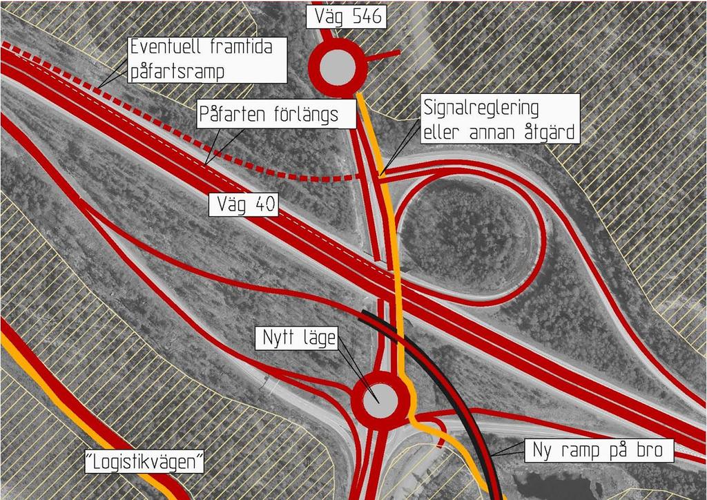 Figur 2. Föreslagen utformning vid Flygplatsmotet (gul linje avser separerad cykelbana) Cirkulationsplatsen i södra delen av Flygplatsmotet behöver flyttas något norrut och ökas i storlek.