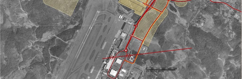 korsning med ramper till Flygplatsvägen. Därmed bildas ett system som förutom matning till delar av de nya kvarteren också fungerar som reservväg för flygplatsen.