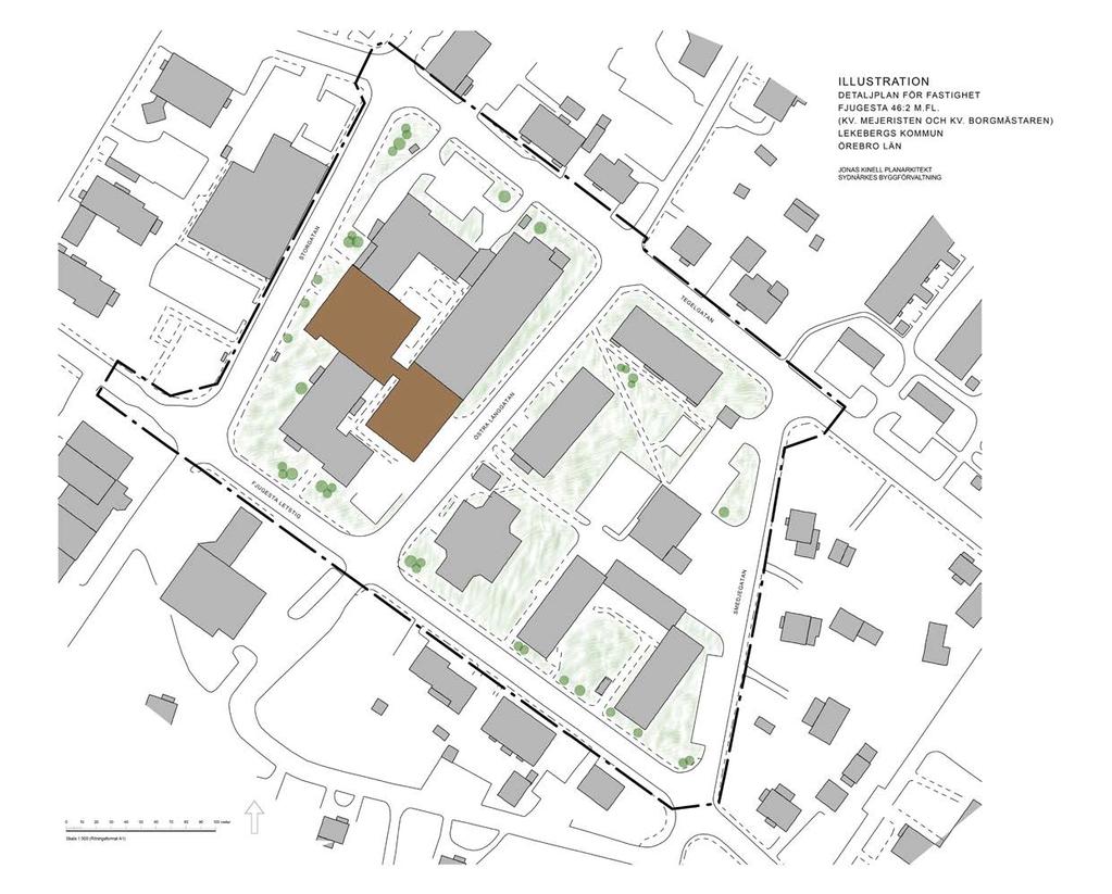 BILAGA 2 Illustration Illustrationen visar befintlig bebyggelse i grå färg och planerad utbyggnad av vård- och omsorgsboendet Linden i brun färg.