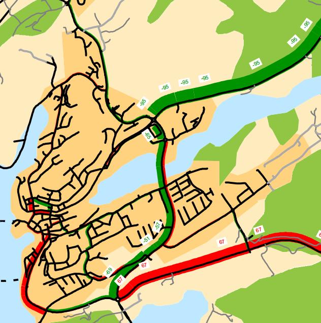 Utifrån skillnadskartan kan läsas att med ITS lösningen kommer en del resor flyttas från norra infarten till södra infarten (se Figur 18).