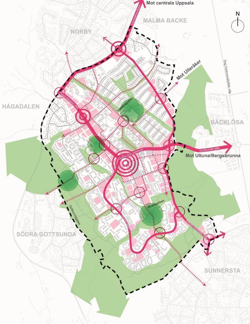 22 Programförslaget i korthet Stor del av stadsutvecklingen längs det nya stadsstråket och i stadsnoden Bebyggelseutveckling som stärker