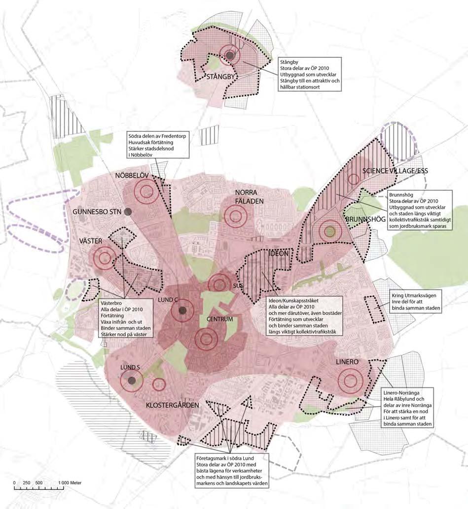 Utbyggnadsstrategi 2035 jämförd med utbyggnadsområden från ÖP 2010 LUND OCH STÅNGBY Jämförande karta mellan denna samrådshandlings utbyggnadsstrategier fram till 2035 och gällande översiktsplans, ÖP
