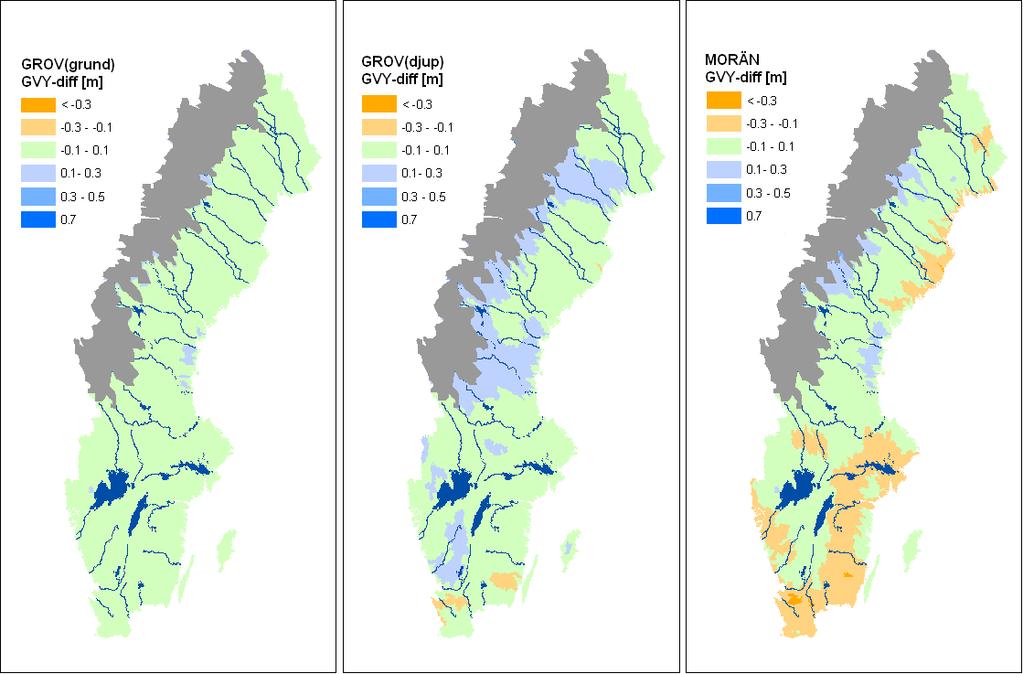 Förändring av grundvattenytans medeldjup De generaliserade parametervärden till grundvattennivåmodellen som tagits fram genom kalibrering (Tabell 1) användes för yttäckande uppskattningar av