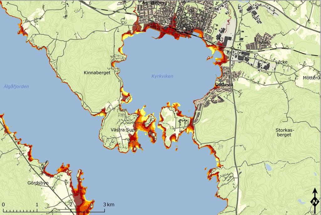 Figur 11. Översvämningskarta Kyrkviken 6.3 Användning Översvämningsytor, höjdkurvor och laserpunkter kan kombineras med andra kartskikt, t.ex. vägnät och byggnader.