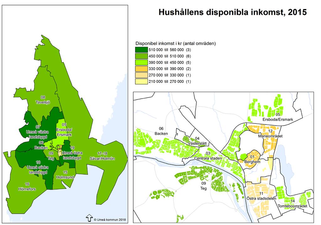 Figur 19: Hushållens disponibla inkomst i Umeå kommun år 215 Västerslätt har den högsta förvärvsfrekvensen i tätorten För att ge den disponibla inkomsten per hushåll ytterligare en dimension visas