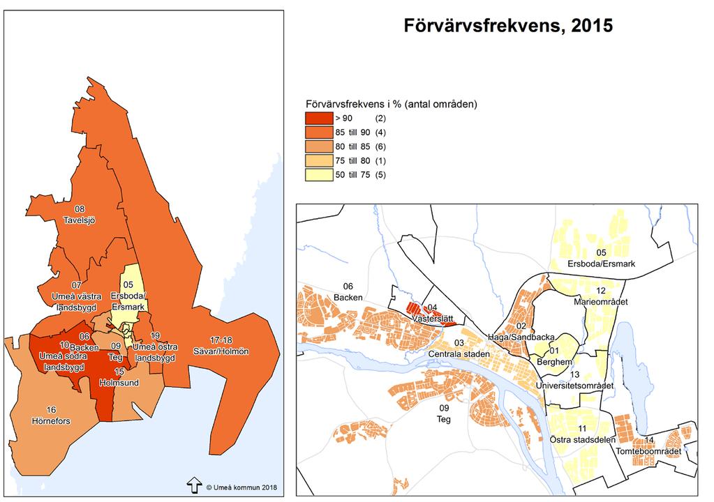 Figur 2: Förvärvsfrekvens i Umeå kommun år 215 Bostadsbrist och boendestandard I en stad med en växande befolkning är det viktigt att bostäder byggs kontinuerligt för att inte situationer ska uppstå