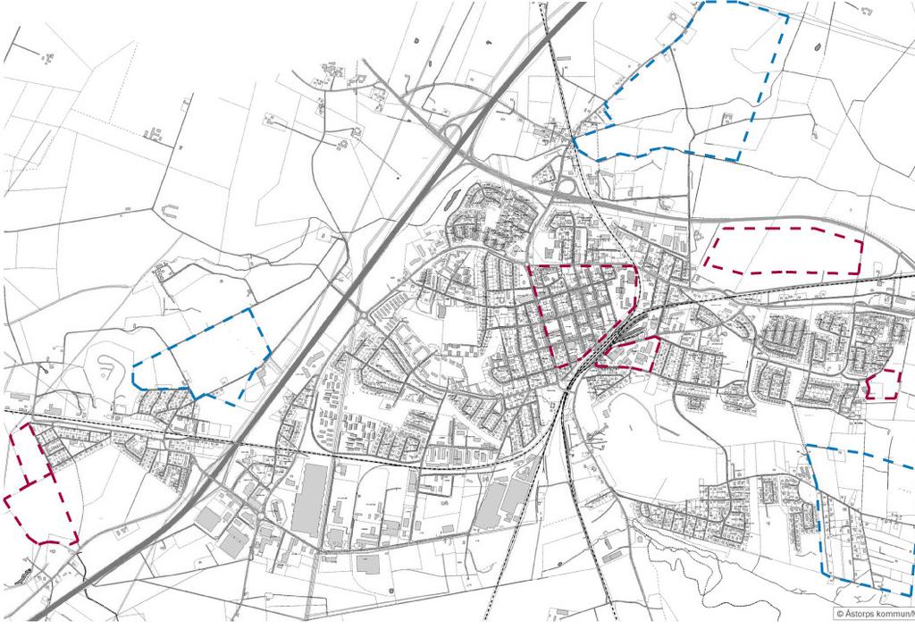 Utpekade utbyggnadsområden och områden för förtätning i Åstorp och Nyvång, markerat i rött. Utredningsområden för bostadsbebyggelse, markerat i blått.