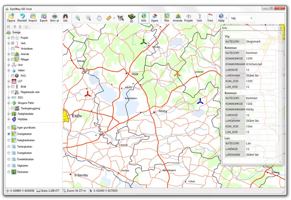 OptiWay GIS Vind Info Genom att klicka på knappen Info förvandlas musmarkören till en pil