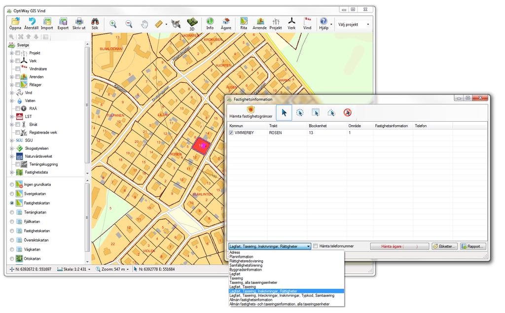 Ägare Funktionen Ägare möjliggör hämtning av detaljerad fastighetsinformation. Figur 25. Verktygsrad Ägare. Valda fastigheter markeras med rött i kartan. Figur 26. Ägare Fastighetsinformation.