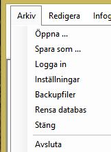 4.1.1.1 Arkiv Öppna beskrivs i avsnitt 3.2.1, Att starta Sampers. Spara som beskrivs i avsnitt 3.2.2, Projektfilen *.sam. Logga in - inloggning för att ändra i kröningen (endast Sampers förvaltare).
