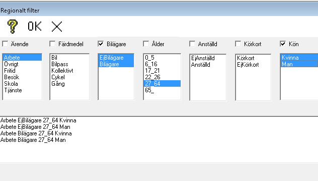 Varje ärende är uppdelat på färdmedlen Bil Cykel Gång KollektivtMed hjälp av filter kan man ta ut binärmatriser för olika kombinationer av ärenden, färdmedel, bilägare/ej bilägare, ålder,