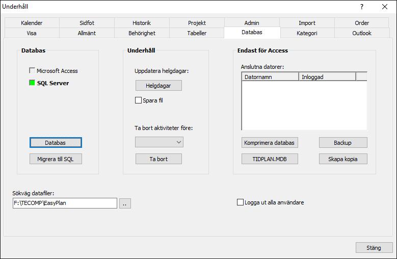 Ange sökväg till databas Om flera användare samtidigt ska arbeta mot samma databas behöver ni ange en sökväg till datafilerna på servern. Datafilerna består av ett schema och en tillhörande databas.