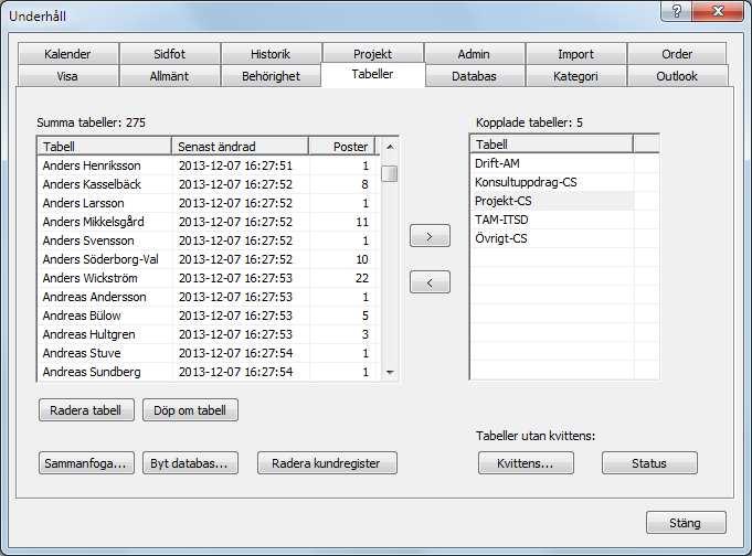 Inställningar Flik Tabeller Fliken tabeller visar alla tabeller som har skapats i databasen (förutom systemtabeller). Varje ruta i schemat skapar en tabell i databasen.