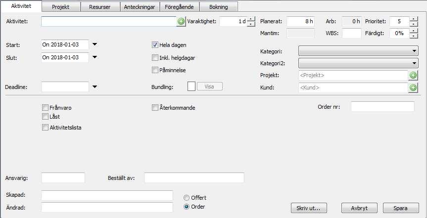 AKTIVITETER Höger musval i planeringsvyn ger dig de viktigaste menyvalen under redigera.