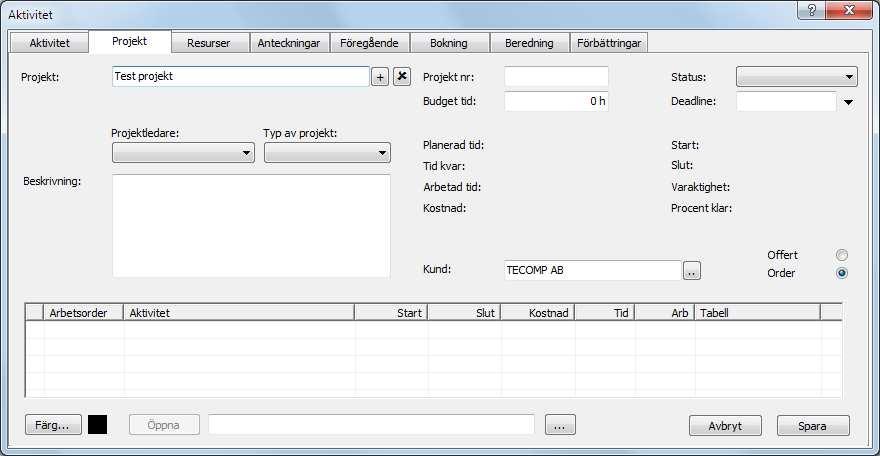 Lägg till kund på projekt Du kan välja kund på ett projekt istället för på aktivitet. Alla nya aktiviteter i projektet får då samma kund.