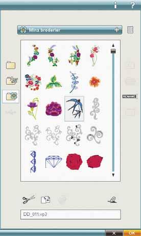 File Manager Mina broderier Spara broder ler i Mina broderier. Du kan inte skapa mappar i Mina broderier. Du kommer åt brodermenyn via det utökade verktygsfältet och Mina broderier i File Manager.