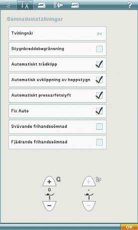 Automatiskt pressarfotslyft När denna är vald är automatiskt pressarfotslyft aktiverat. Pressarfoten höjs till vridläge, till exempel vid sömnad med nålen i det nedre läget.
