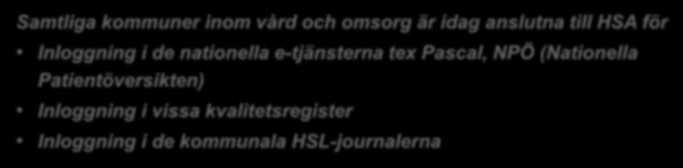 Katalogtjänst HSA för kommunal verksamhet Samtliga kommuner inom vård och omsorg är idag anslutna till HSA