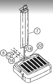 Steg 1: Montering av stöd (7) på huvudramen (22). Sätt på skruvarna M8x20 (8) och en fjäderbricka (14) och en bricka (16) och sätt den tillgängligt bredvid huvudramen (22).