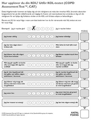 CAT mäter sjukdomens påverkan på välbefinnande och dagligt liv Lindriga symtom <10 Betydande symtom >10 Jones PW et al. Eur Respir J.
