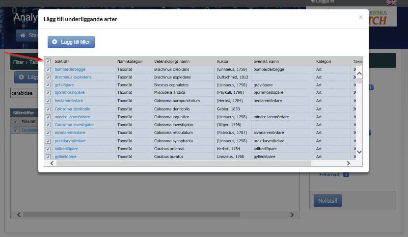 arter, så listas och väljs alla underliggande taxa.