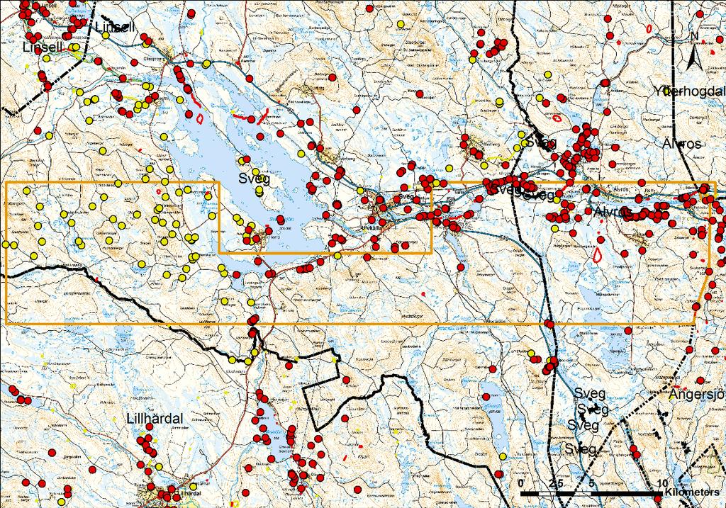 Röd markering är lämningar registrerade i FMIS