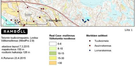 Påverkan av rörliga skuggor från Tetom vindkraftsprojekt Enligt modelleringen för Real case förekommer inga rörliga skuggor alls vid de närmaste bostadsoch fritidshusen eller den årliga mängden