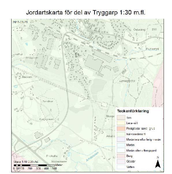 Kartan på nedan visar en översiktlig bild av jordarterna i området. Av denna framkommer det att området till stor del utgörs av isälvssediment.
