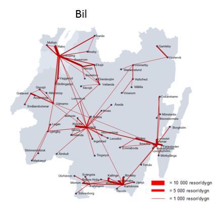 Kartorna nedan visar resandet med bil respektive kollektivtrafik i sydöstra Sverige enligt en resvaneundersökning från 2012.