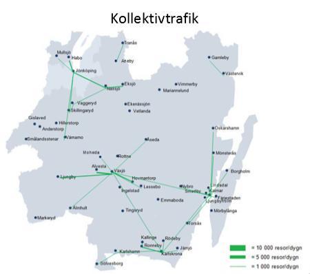 Kartorna visar att resandet med kollektivtrafik och bil har ungefär samma startoch målpunkter, men att bilresorna är fler.