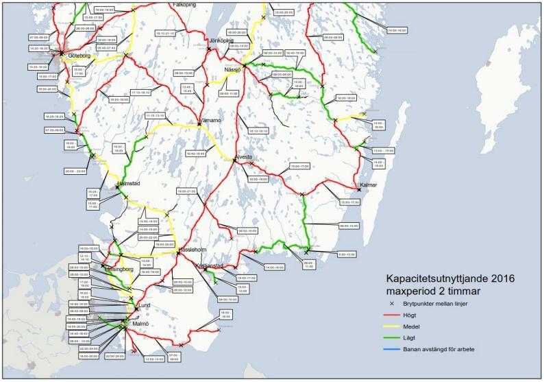 Figur 10 Kapacitetsutnyttjanden 2016 Max 2-timmarsperiod, Källa Trafikverket, 2017 3.