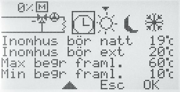 Börvärdet för rumstemperatur dag/natt/ext visas även om inte klockfunktion eller extern omställning används. 0% visar att motorn står helt stängd.