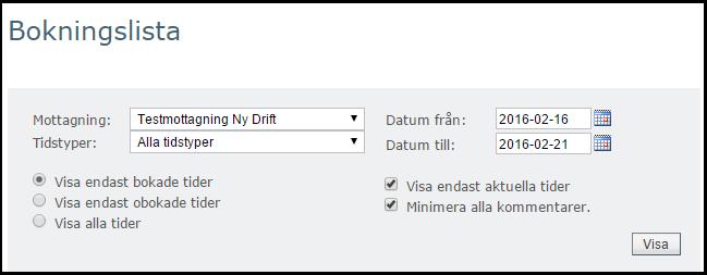 Sidan Visa schema, med både godkända och preliminära tider i listan för den valda mottagningen.