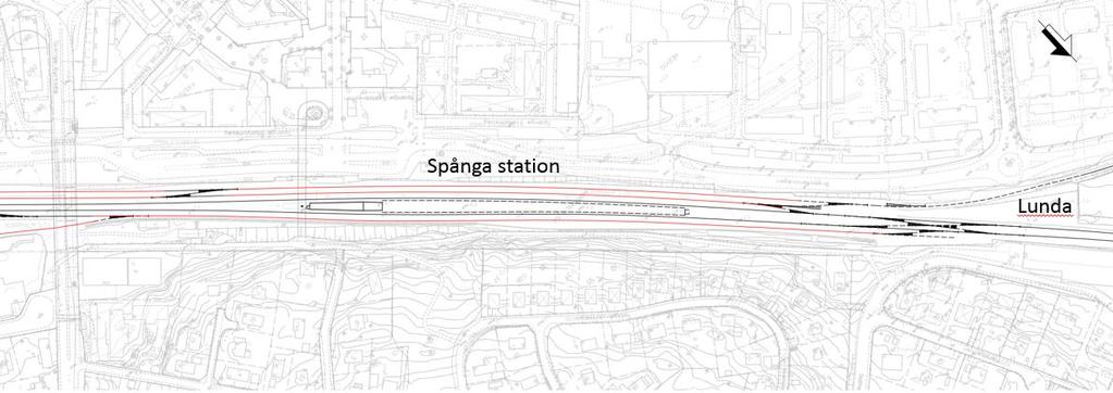 Figur 7. Schematisk skiss över dagens spår i Spånga där spår som avvecklas är rödmarkerade och streckade. Grönprickade spår ägs ej av Trafikverket. Figur 8.