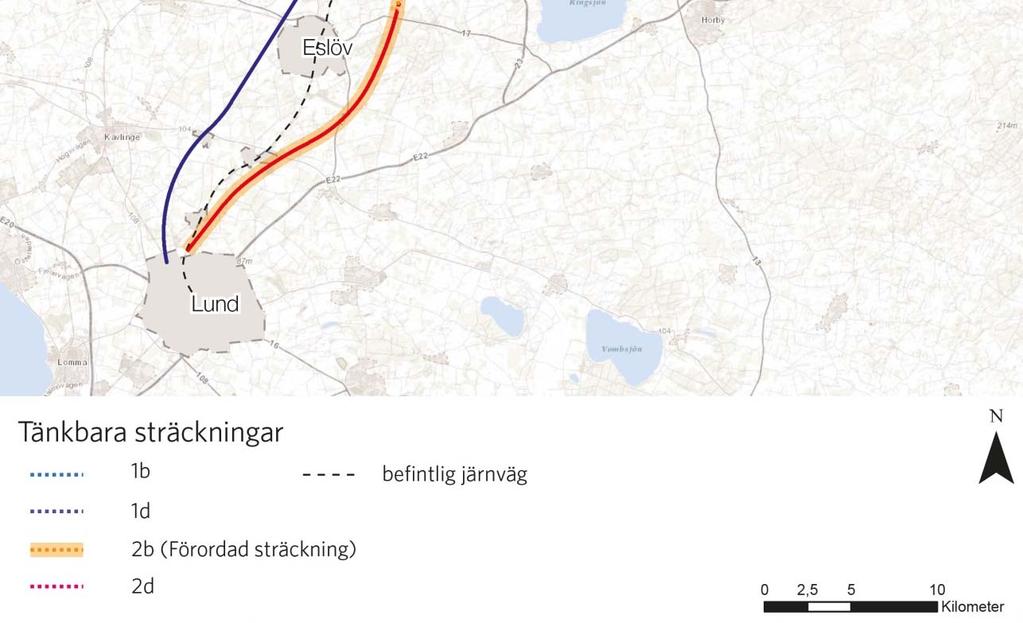Trafikverket utgick ifrån i sin förordade sträckning US2, Kapacitetsutredningen). Utredningen avser en ny dubbelspårig järnväg för 320 km/h.