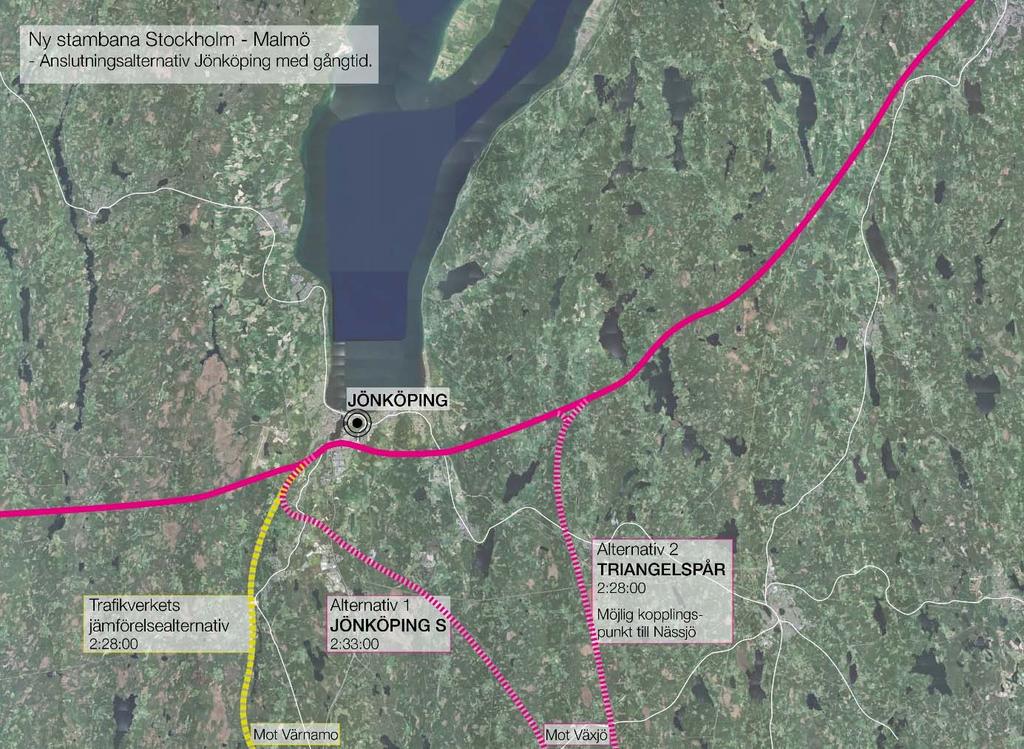 Jönköping Att från Hässleholm-Växjö V anknyta till nya stambanans sträckning Stockholm - Göteborg i norr för vidare färd mot Stockholm, eller Göteborg i alternativ med triangelspår, kan ske på två