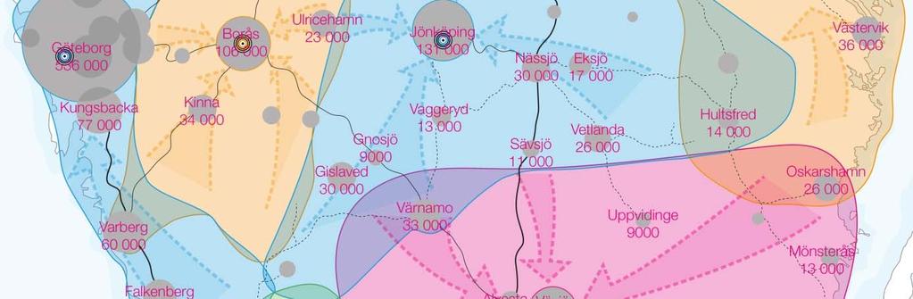 6 Upptagningsområde De svarta ringarna på illustrationen nedan visar förslaget på vart de snabbaste höghastighetstågen (320 km/h) stannar längs höghastighetsbanan.