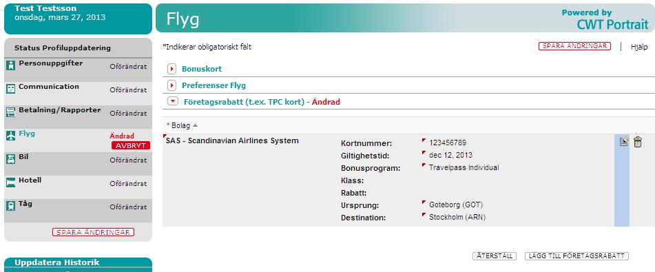 Flyg - Företagsrabatt Endast Kortnummer, Giltighetstid och Bonusprogram är markerat som obligatoriskt att fylla i.