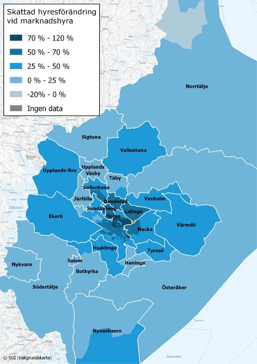 Marknadshyror för hyreslägenheter i Stockholms län 19 av 39 I regel skattas lägre procentuella hyreshöjningar desto längre från Stockholms innerstad ett område ligger (Figur 11).