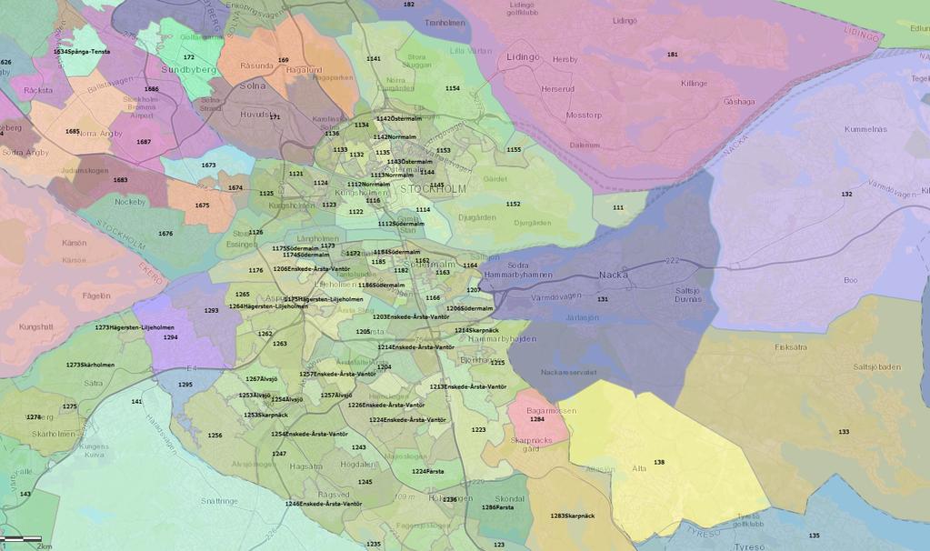 Marknadshyror för hyreslägenheter i Stockholms län BILAGA 2 YTTERLIGARE FIGURER OCH TABELLER Figur 23: Illustration av geografisk indelning för Stockholms kommun För att analysera hyresnivåerna inom