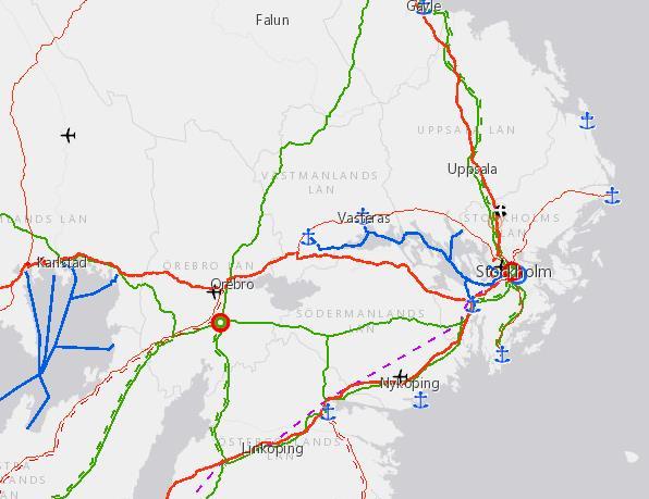 TEN-T Vägar (röd) Hamnar Inre vattenvägar (blå) Flygplatser Järnväg (grön) Väg-järnvägsterminaler