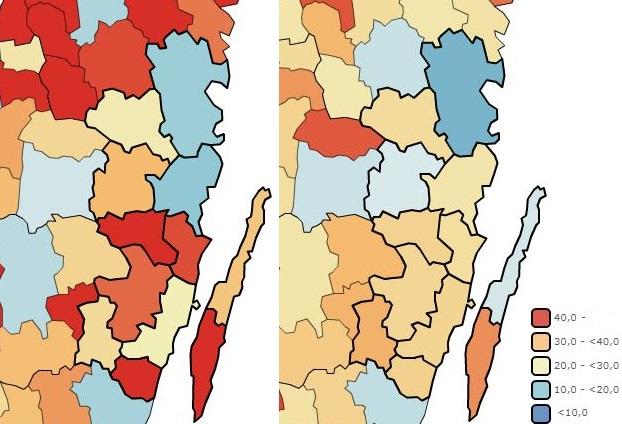 68 del av befolkningen i kommunen byts ut mellan dagen och natten. Kommuner med relativt stor in- och utpendling är Nybro, Högsby och Mönsterås.